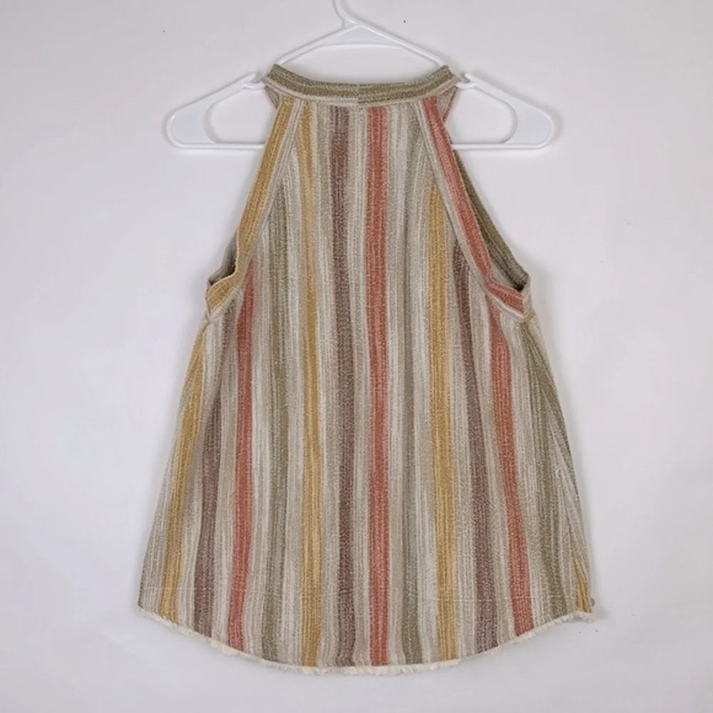 W5 Anthropologie knit halter with fringe hem tan rust yellow green strip… - Picture 2 of 6